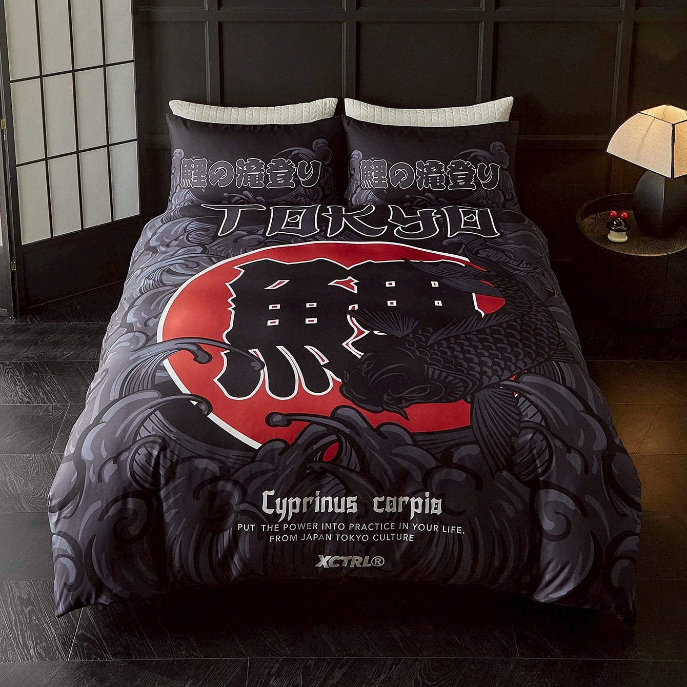 黑鯉波四件套床包組-雙人(兩用被)