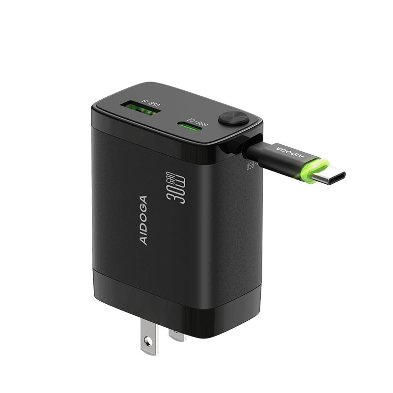 【美國跨境】AIDOGA 艾迪伽 雙孔 GaN氮化鎵充電器 30W快充 伸縮收納Type-C線 智連系列