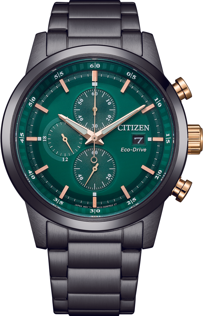 萬年鐘錶 - Citizen 星辰錶  紳士綠面光動能三眼計時男錶 CA0746-85X 錶徑43MM