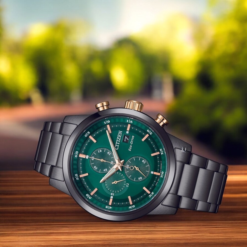 萬年鐘錶 - Citizen 星辰錶  紳士綠面光動能三眼計時男錶 CA0746-85X 錶徑43MM