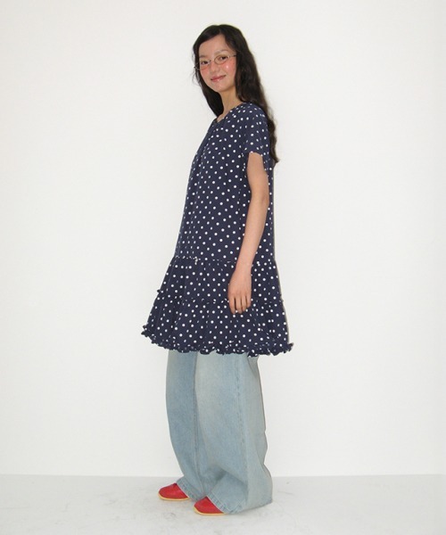RONRON FRILL SHORT SLEEVE ONEPIECE DRESS
