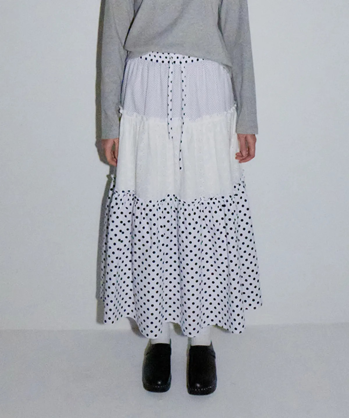 RONRON DOT LACE MIX PATCH CANCAN LONG SKIRT