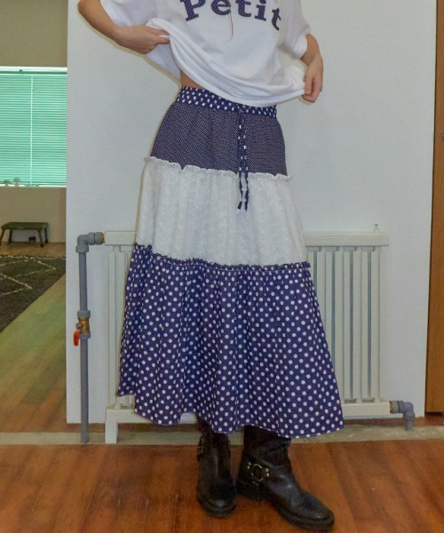 RONRON DOT LACE MIX PATCH CANCAN LONG SKIRT