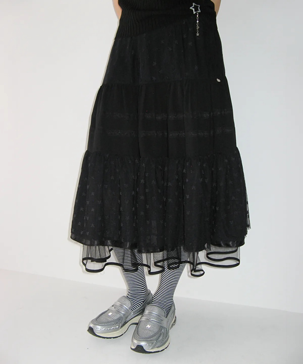 RONRON DOT LACE MIX PATCH CANCAN LONG SKIRT