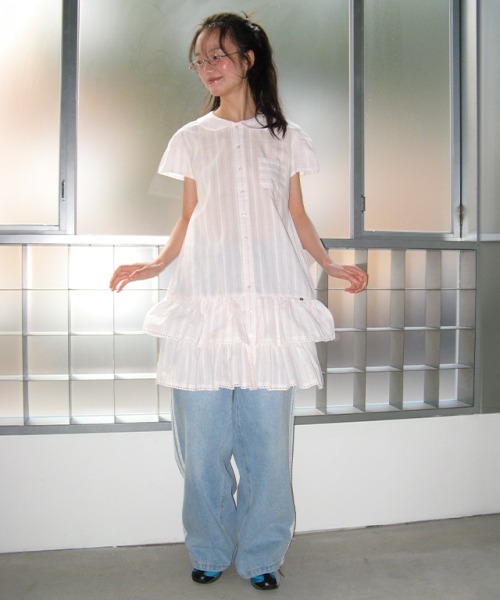 ★ronron★ ROUND COLLAR FRILL KANGKANG SHIRT DRESS STRIPE RONRON ROUND COLLAR FRILL KANGKANG SHIRT DRESS BLUE STRIPE