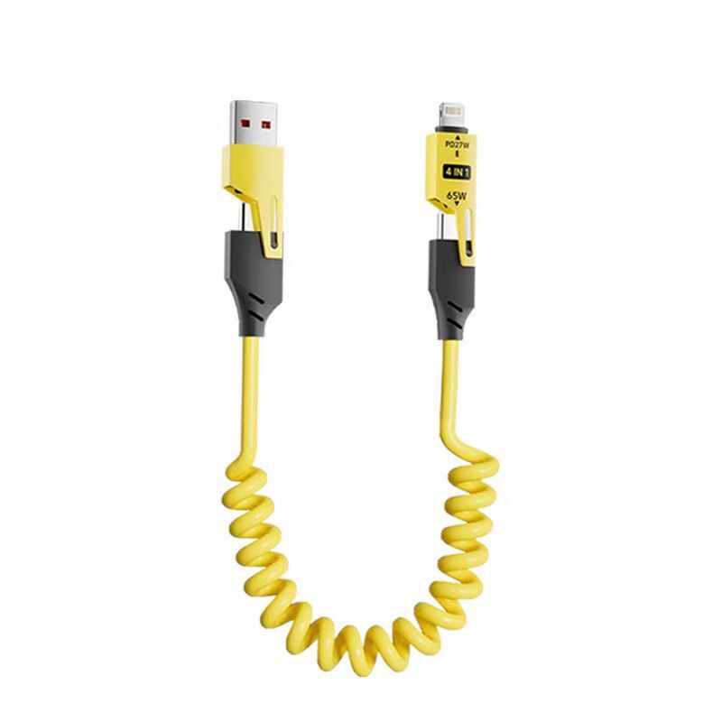 最強充電線 汽車投影65W四合一彈簧數據線 支援carplay【65W彈簧伸縮四合一充電線】快充效能 1.5m/2.8m