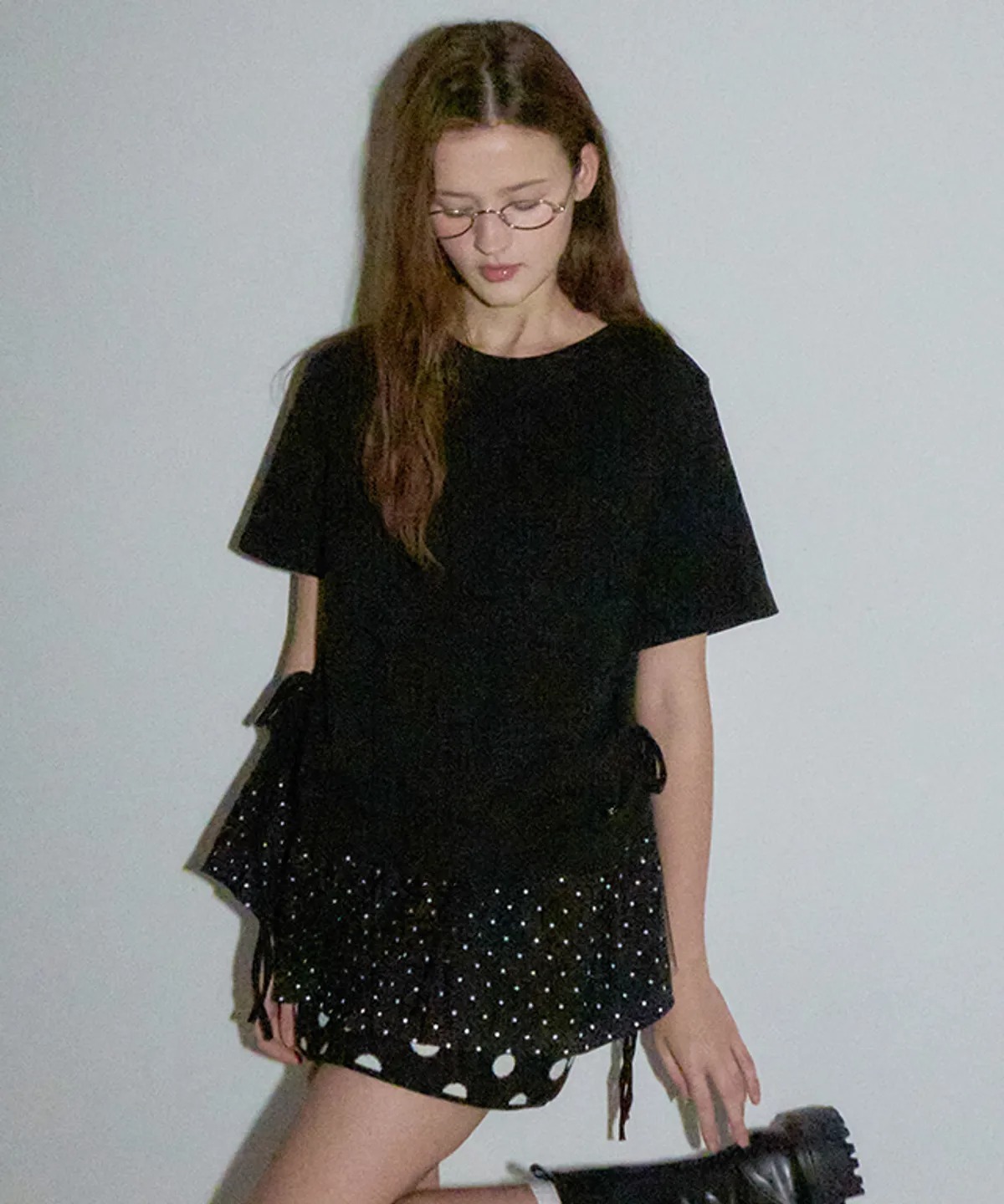 RONRON DOT MESH SHIRRING LAYERED LONG T SHIRT