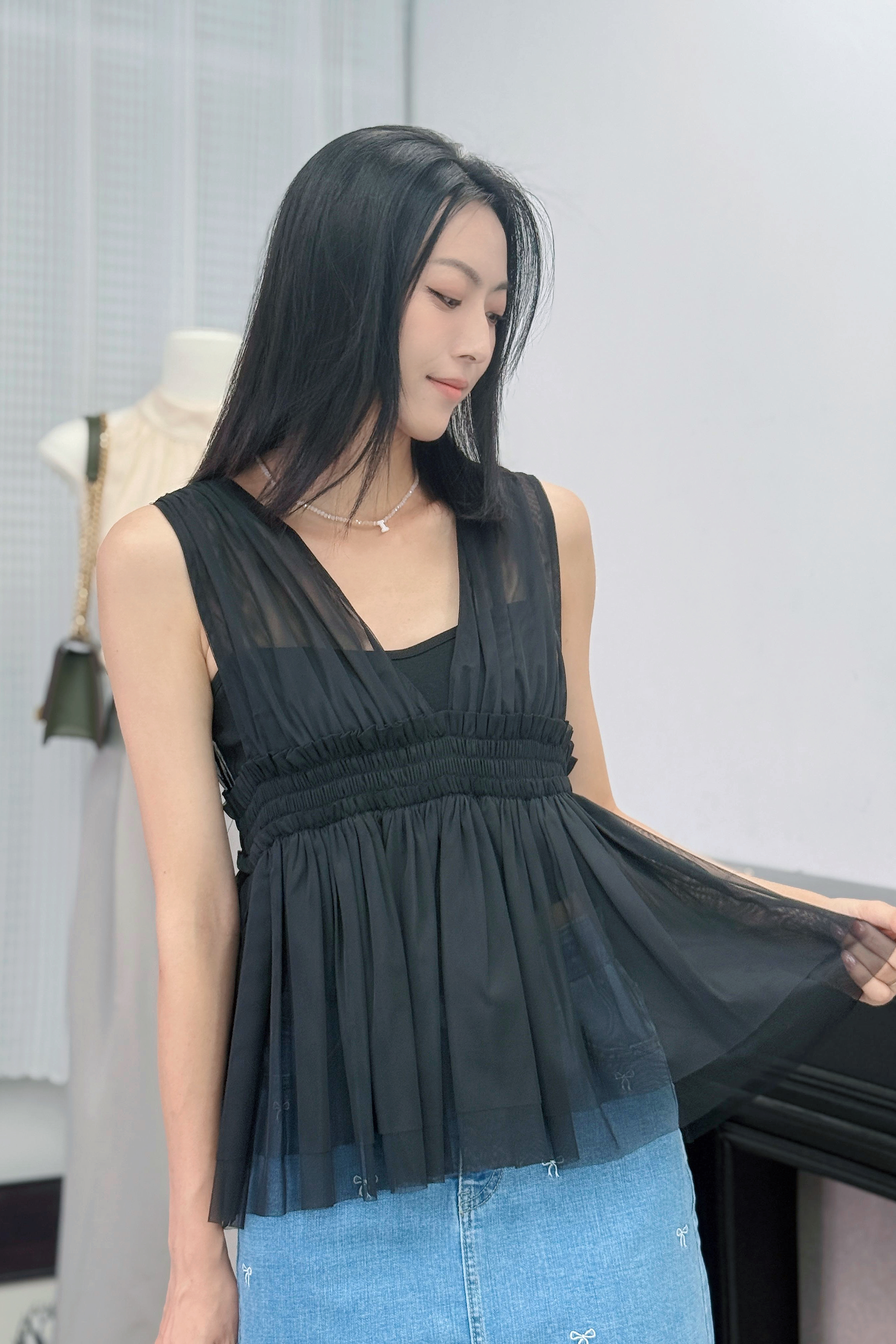 TOP#7569🤍輕紗打摺氣泡Top