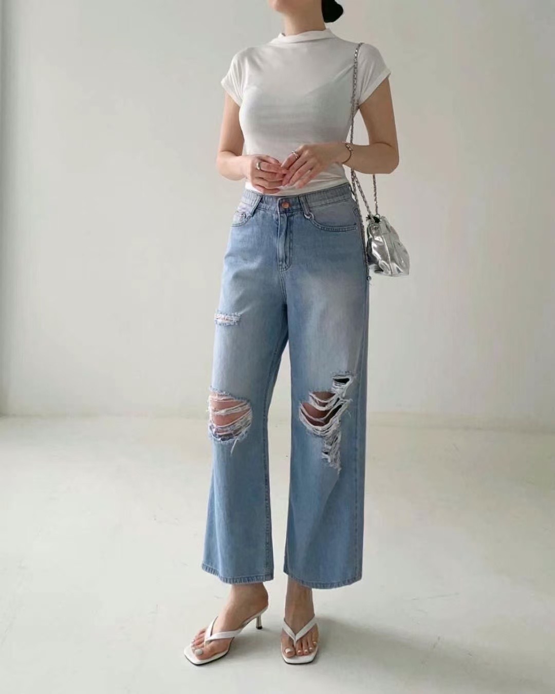 夏日超軟九分Ripped Jeans