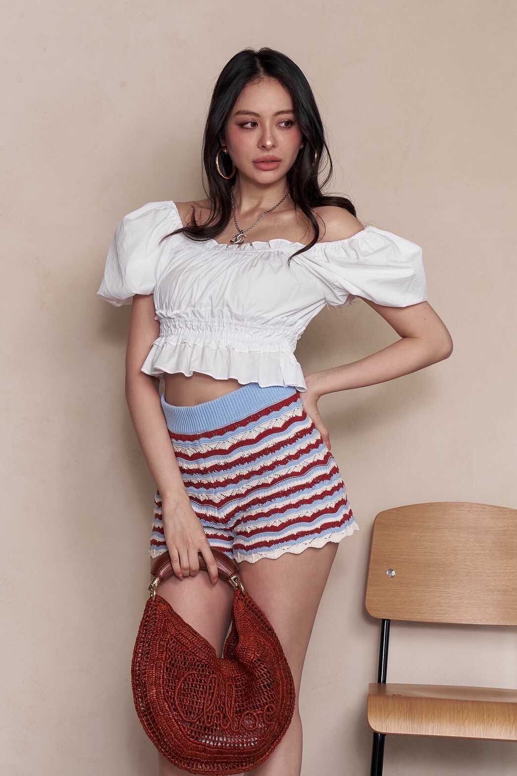 配色條紋編織短褲_AMISSA（藍紅）