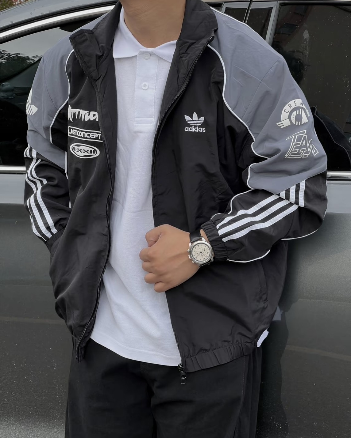 Adidas 拼色運動立領外套 黑色