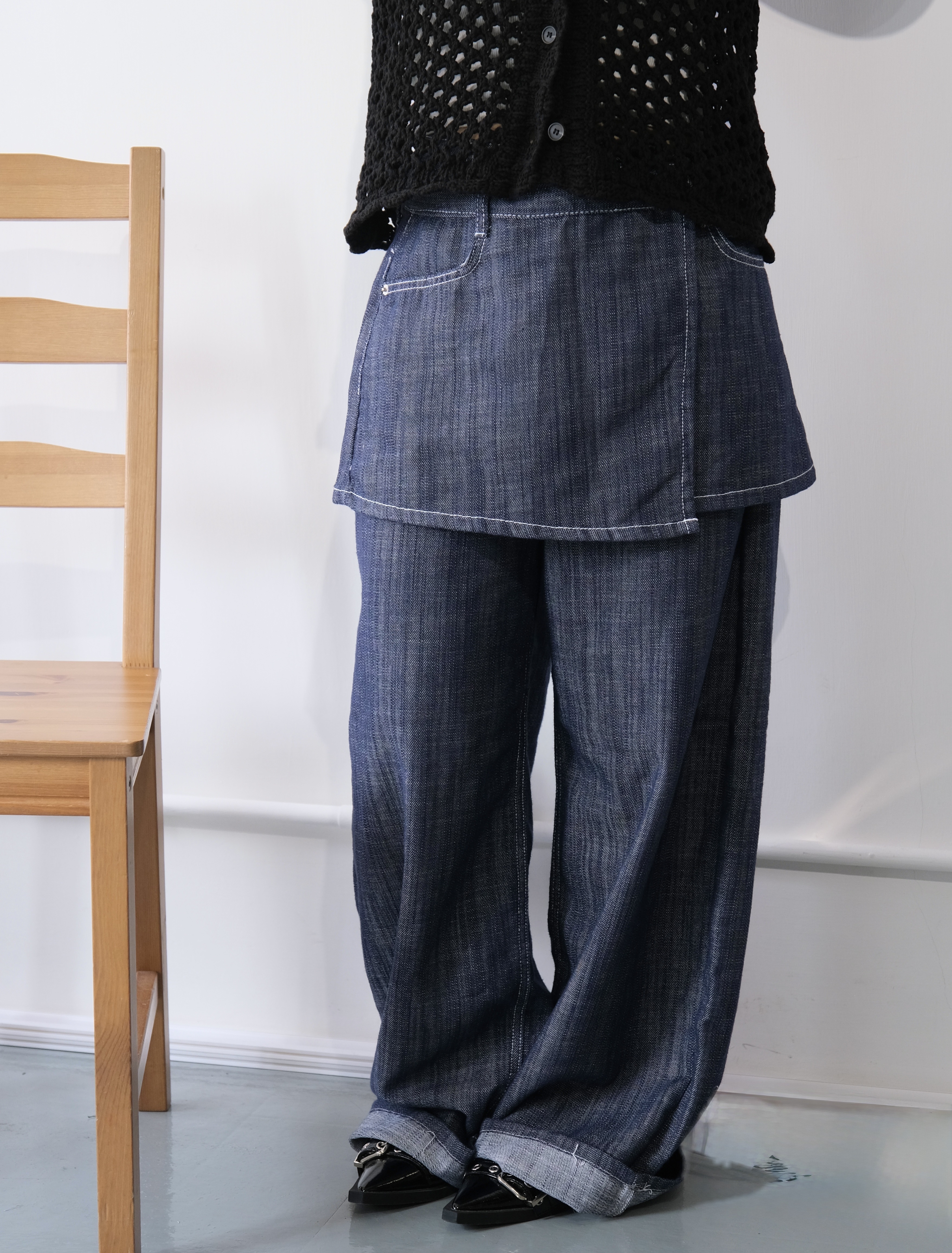 日系SET!軟牛仔料褲+外罩