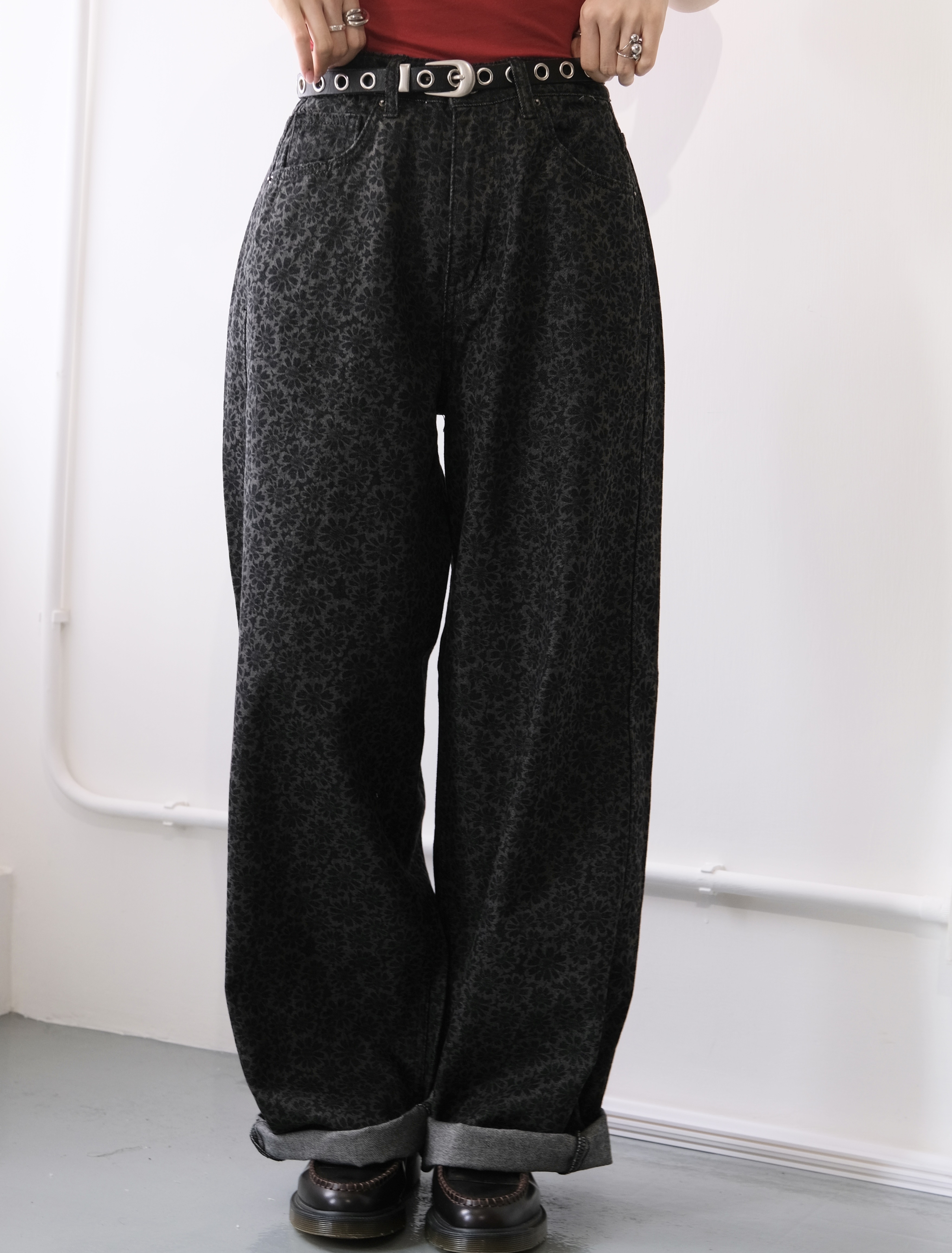 推! [兩色入] 暗花牛仔褲(Black)