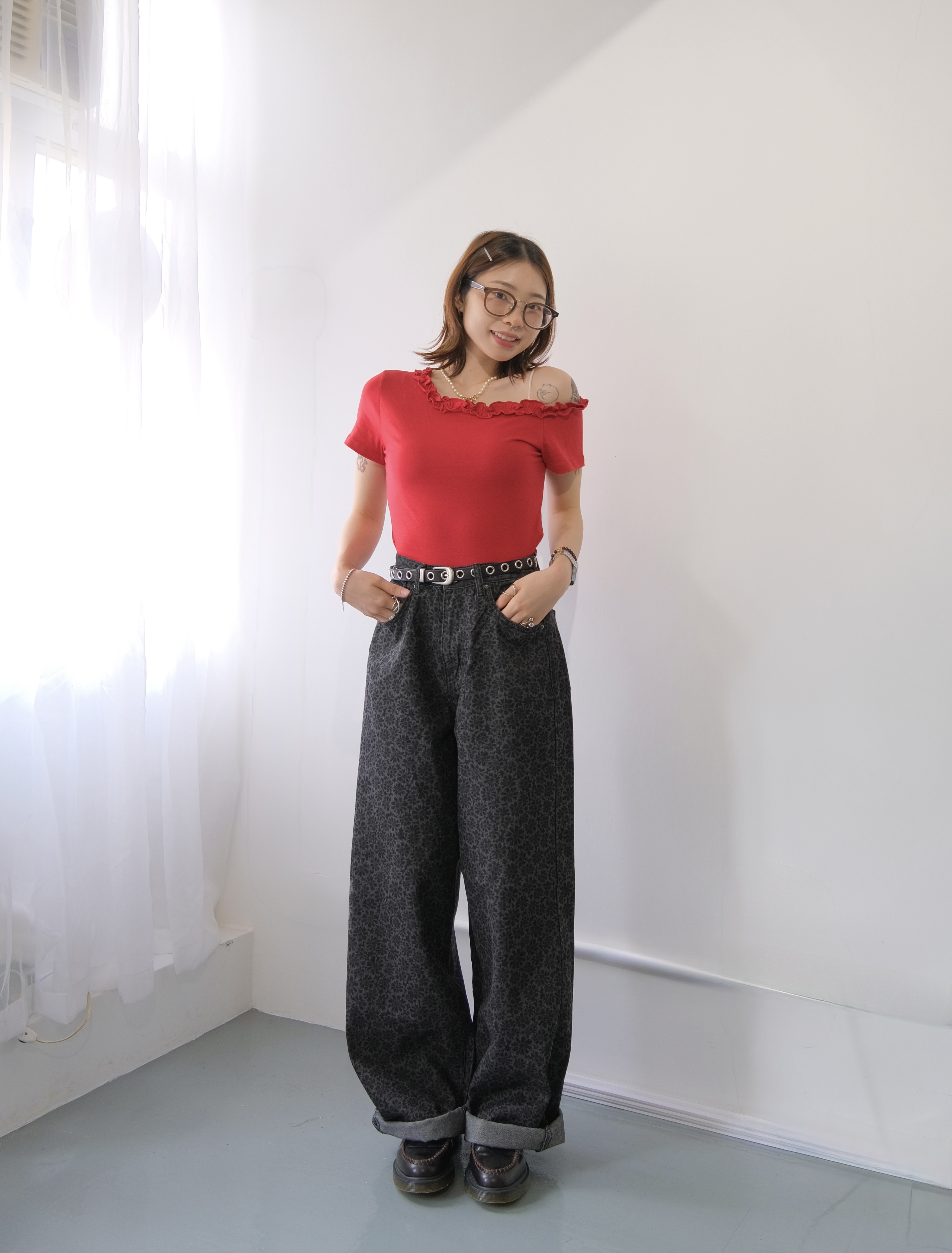 推! [兩色入] 暗花牛仔褲(Black)