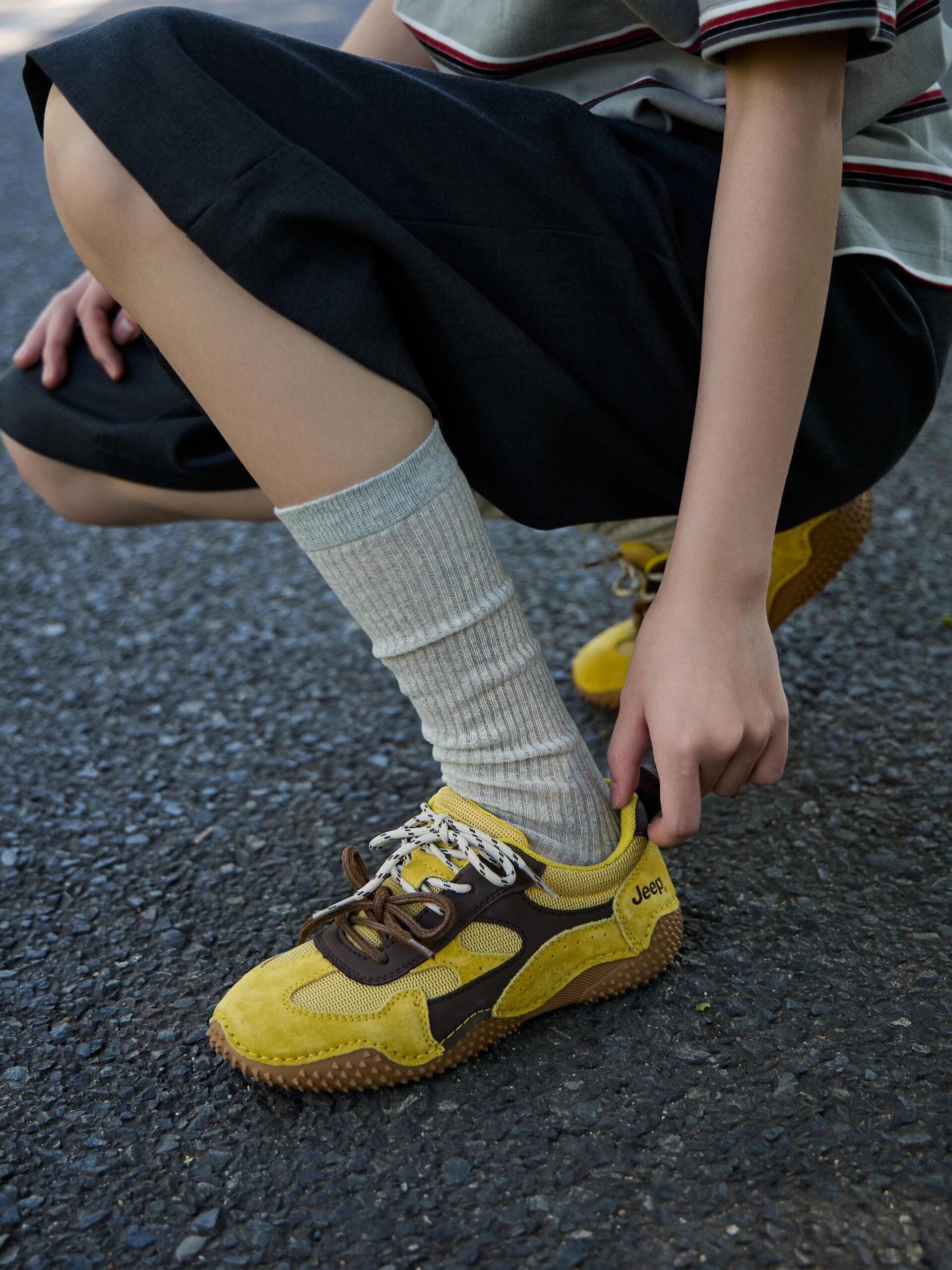 JEEP 吉普 雙鞋帶戶外慢跑鞋 運動鞋 網面 復古 透氣 麂皮 奶酪黃 機能 女款/預購