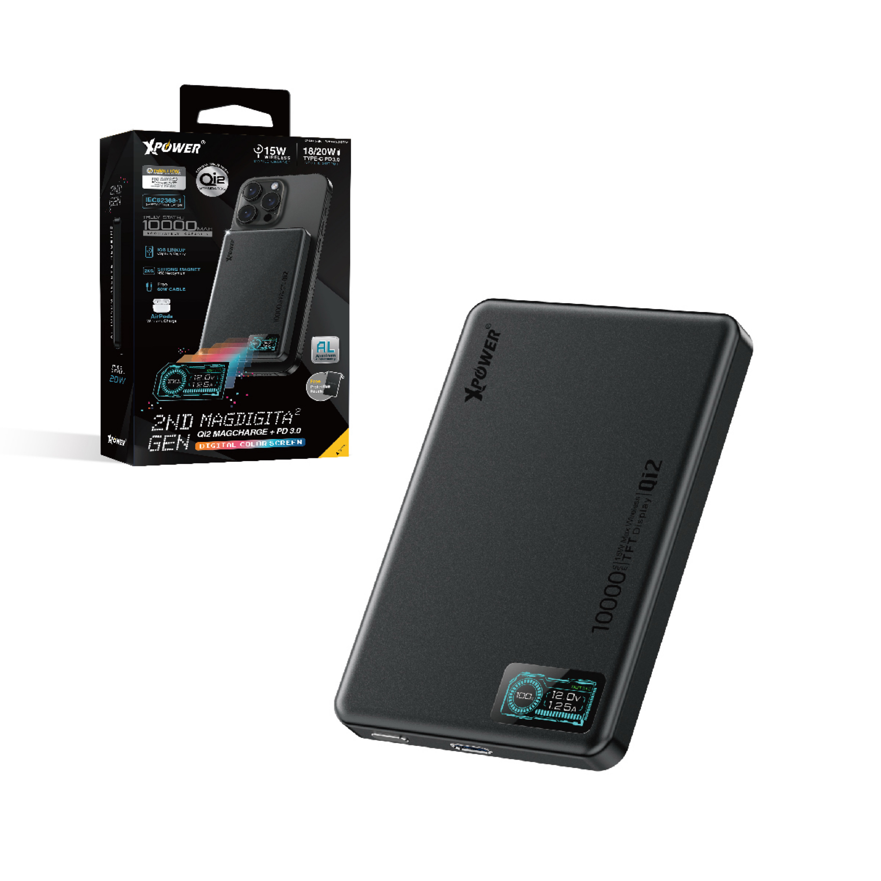 XPower MagDigita² 第2代 彩屏顯示 鋁合金外殼 10000mAh PD3.0+QI2 磁吸移動電源