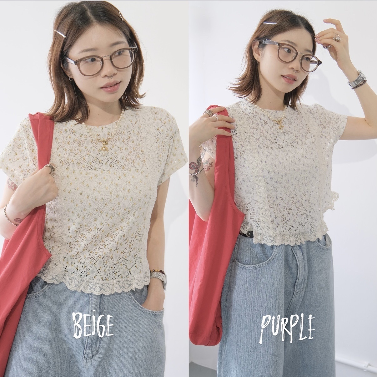 碎花拼通花邊可愛tee