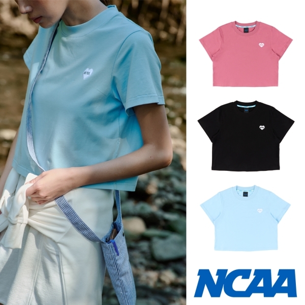 NCAA 短T 黑 粉 藍 刺繡 愛心LOGO 短版 基本款 女 74221002-