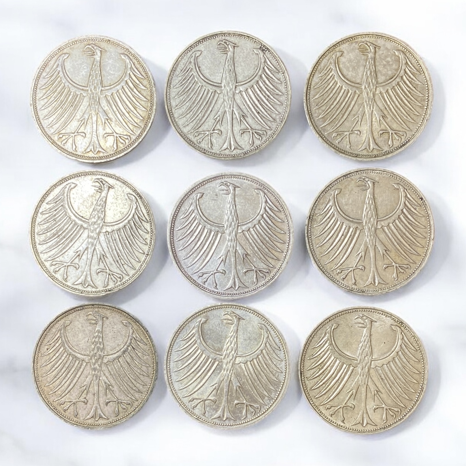 1964-1973 German Five Mark Coins - Set of Nine Different Years and Mint Mark Varieties (62.5% Silver)
