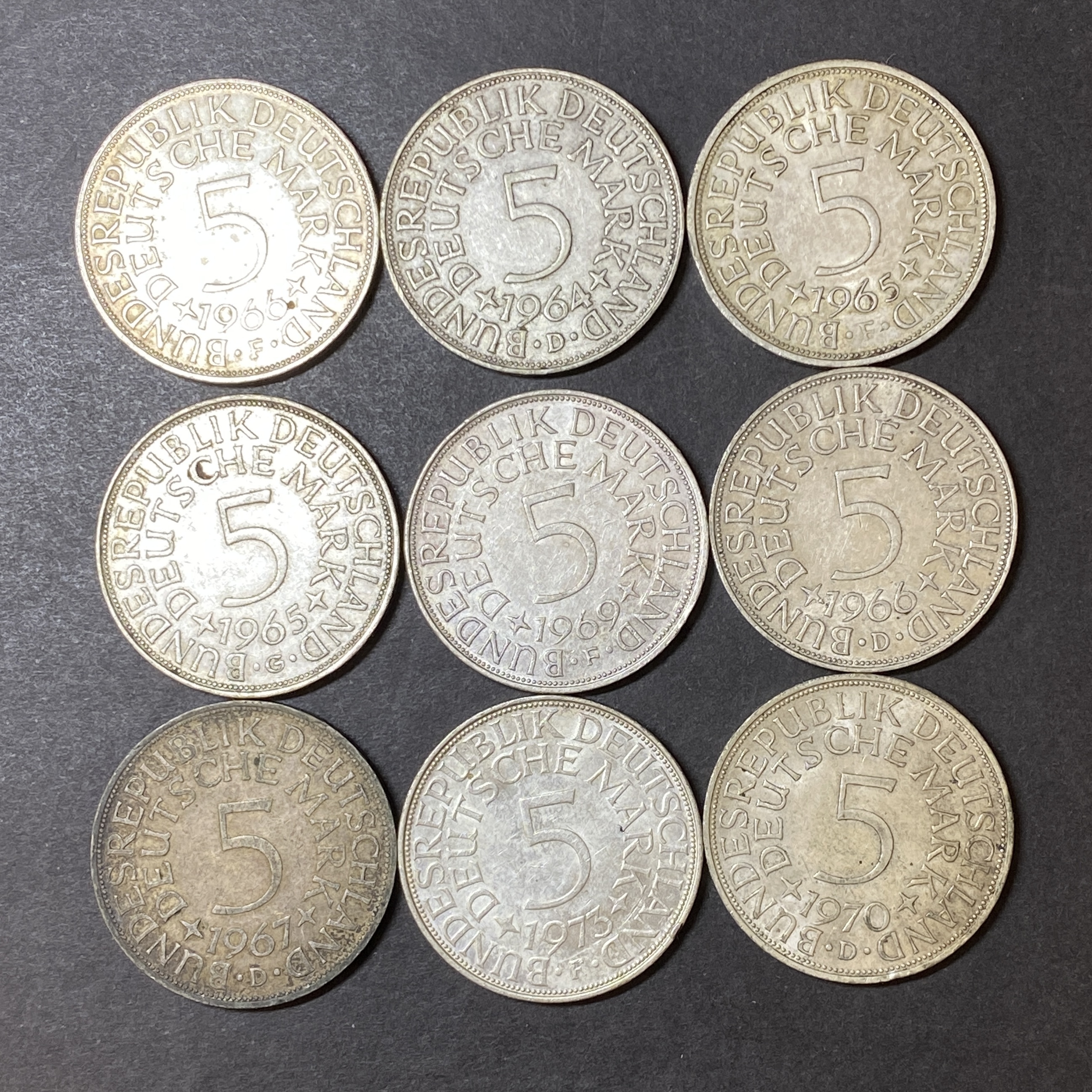 1964-1973 German Five Mark Coins - Set of Nine Different Years and Mint Mark Varieties (62.5% Silver)