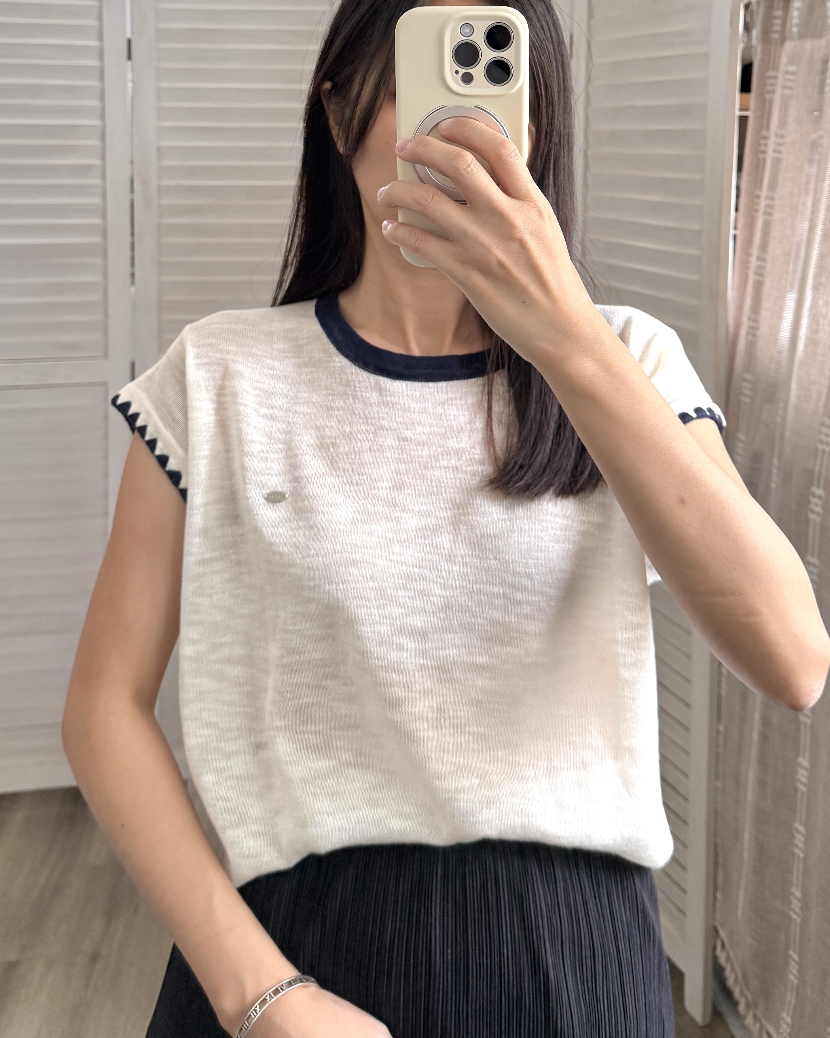 薄款線織拼織紋短袖