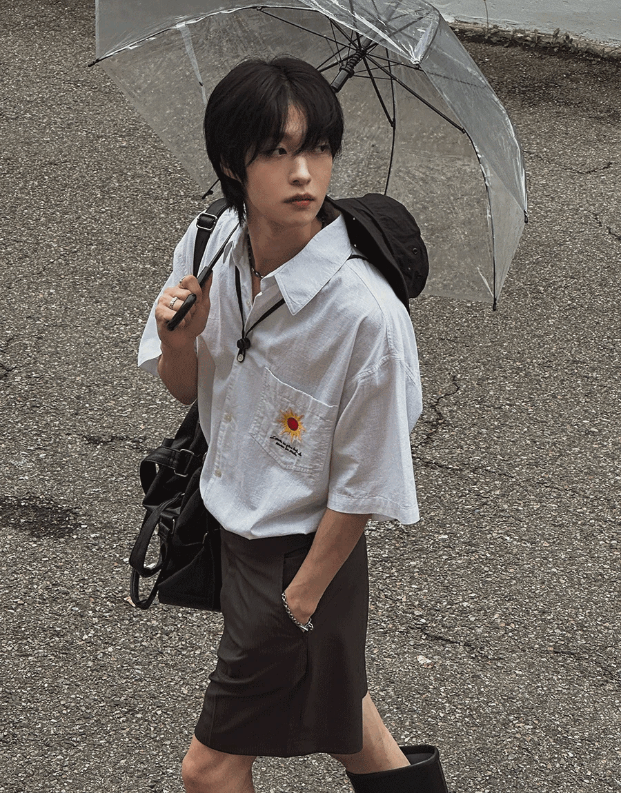 陽光刺繡亞麻短袖襯衫