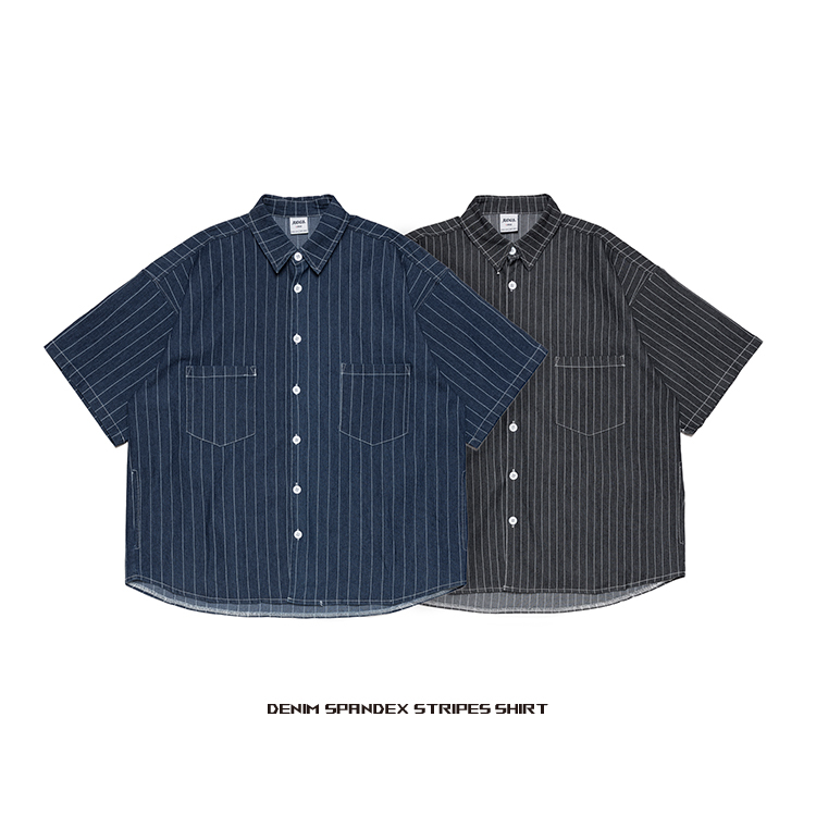 DENIM SPANDEX 單寧彈性直條短襯衫 : 牛仔藍/牛仔黑