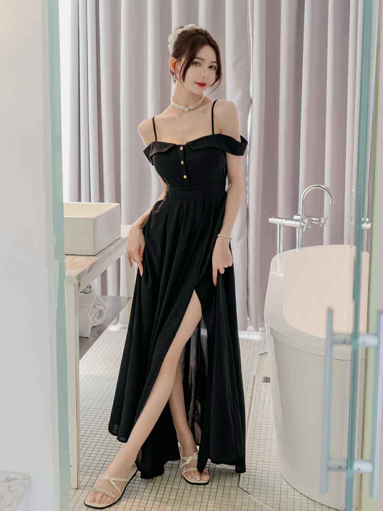 🤍細肩帶翻領排扣寬擺長洋裝（黑色均碼）