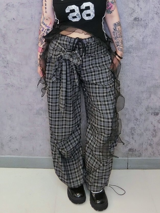 復古格紋設計款落地寬褲
