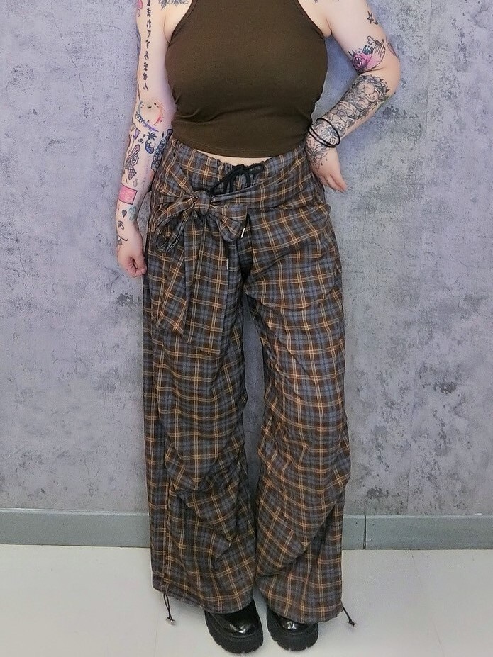 復古格紋設計款落地寬褲