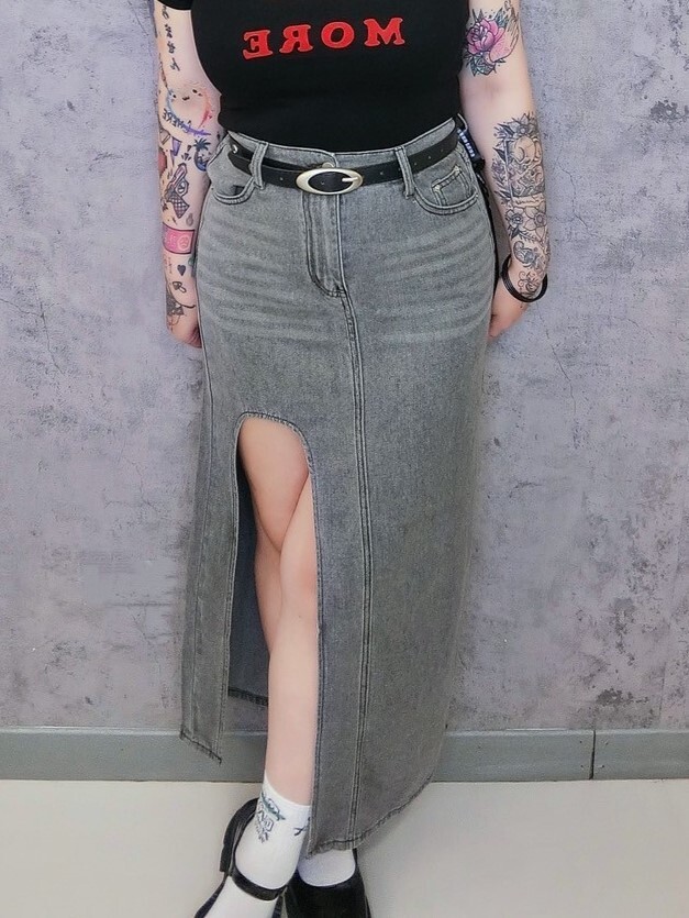 韓系煙灰色貓抓大開洞長裙