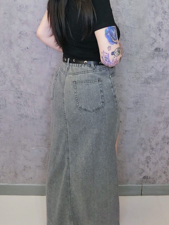韓系煙灰色貓抓大開洞長裙