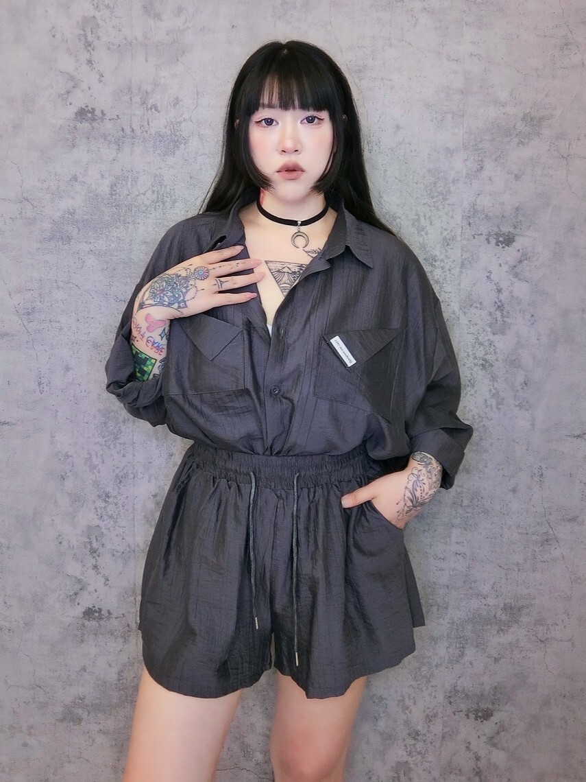 口袋設計棉麻襯衫短褲兩件套