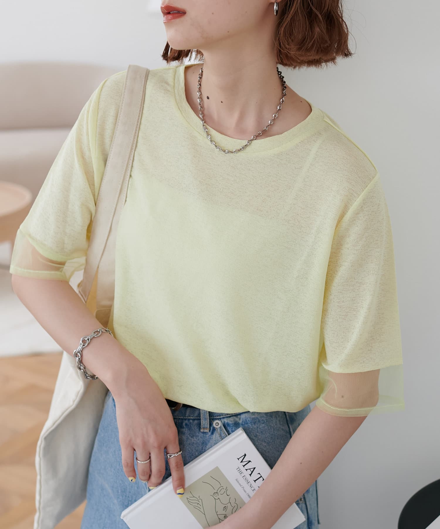 DISCOAT(ディスコート)  【万能トップス/毎年大人気】シアー袖切替5分袖Tシャツ黃（DCZ1051406A0019）