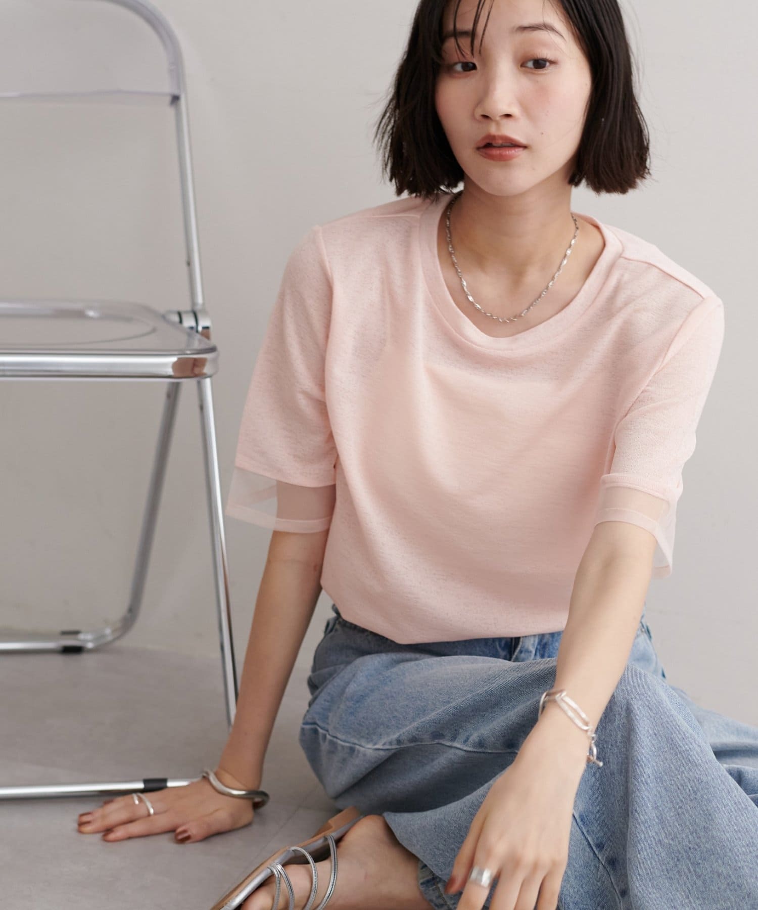 DISCOAT(ディスコート)  【万能トップス/毎年大人気】シアー袖切替5分袖Tシャツ粉（DCZ1051406A0019）