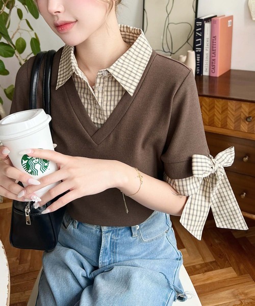 日本🇯🇵連線 Moment+ 分層緞帶袖短袖襯衫 假兩件 層次感 蝴蝶結 襯衫 短袖 5色(任買兩件711免運)/預購