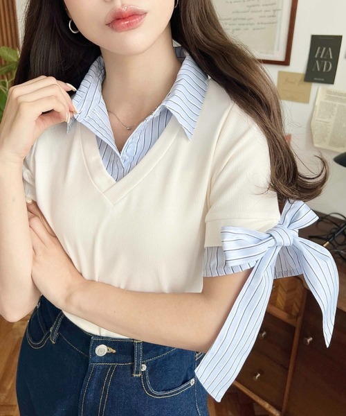 日本🇯🇵連線 Moment+ 分層緞帶袖短袖襯衫 假兩件 層次感 蝴蝶結 襯衫 短袖 5色(任買兩件711免運)/預購