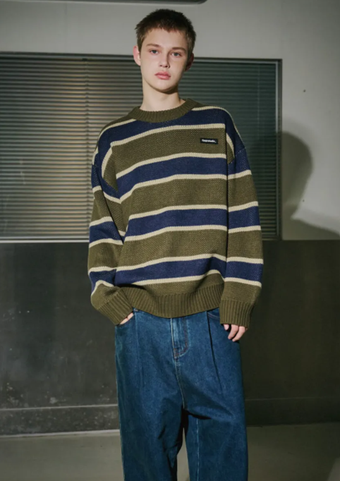 CPGN STUDIO /Stripe Waffen knit khaki / navy  /  JUL25