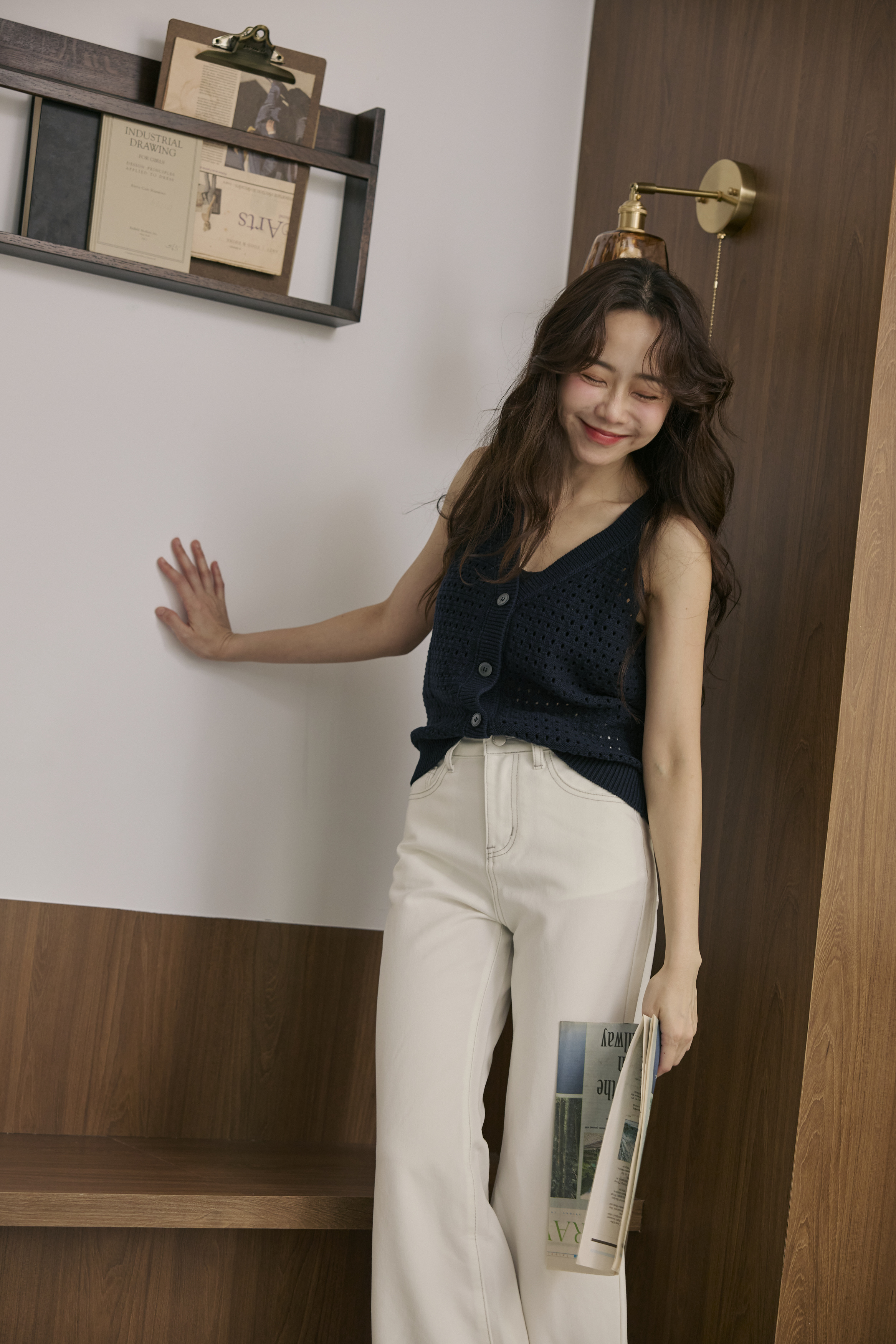 老錢風藏青針織洞洞背心