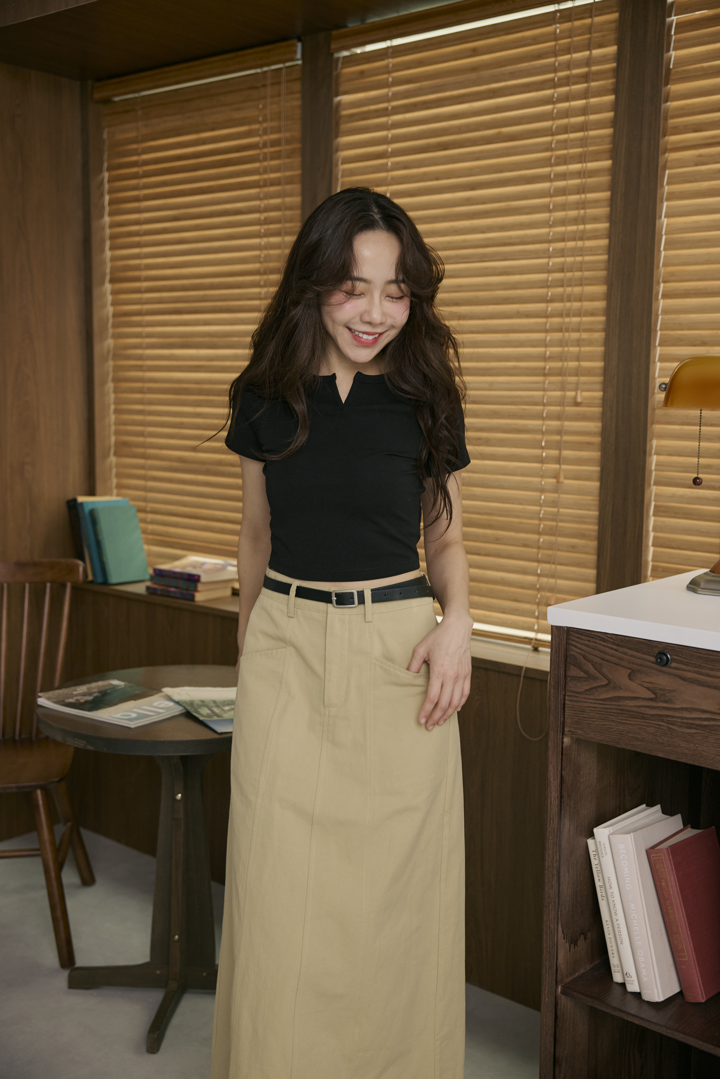 卡其柔美長裙(含皮帶)