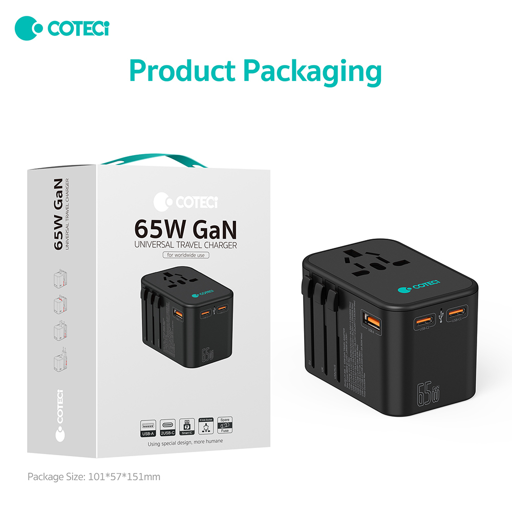COTECI 65W GaN氮化鎵 萬用多國通用旅行充電器 USB (C+C+A) 快速充電
