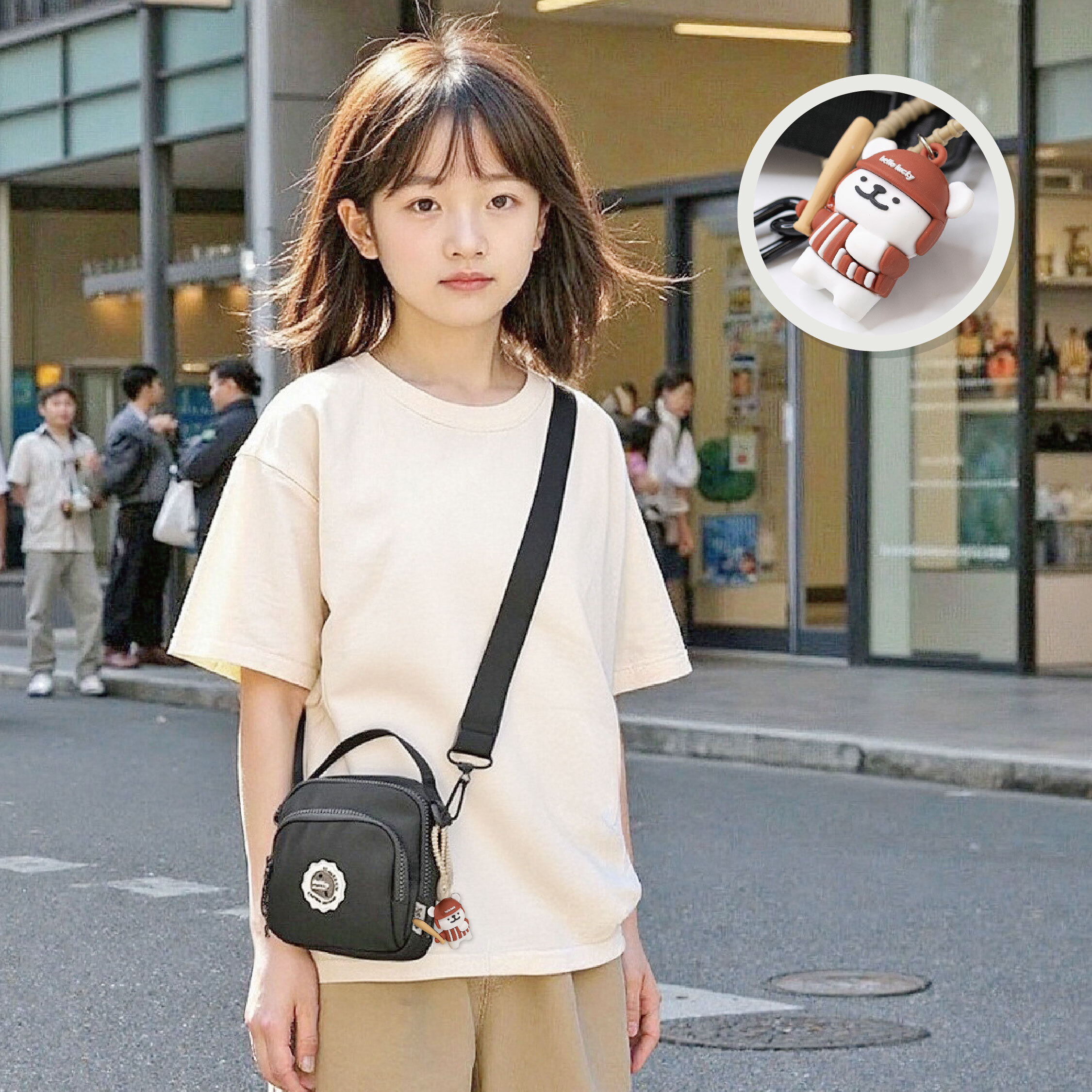 【JA2198】炭可可方斜背包(附帶棒球小狗吊飾)