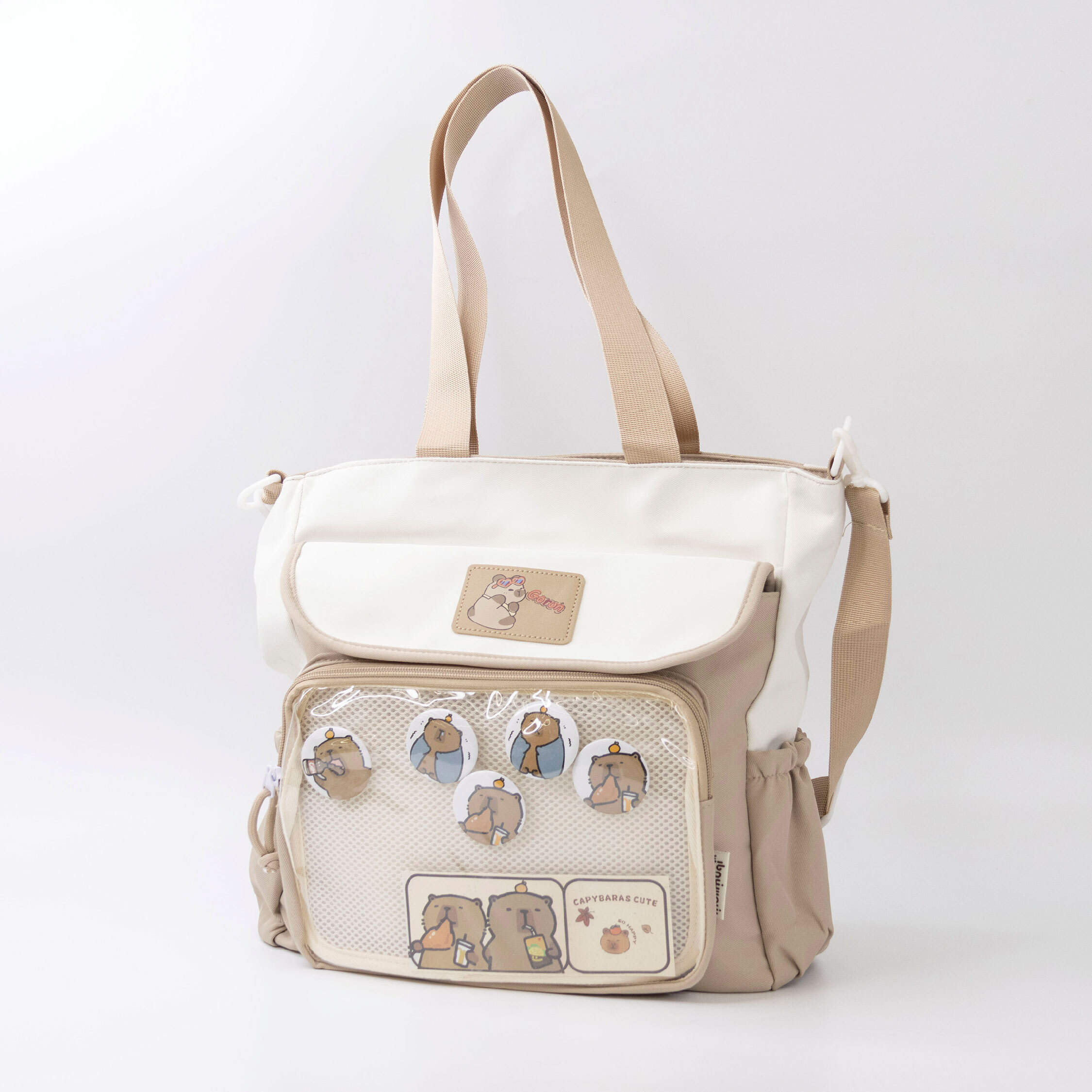 【JA2204】水豚拿鐵大容量手提/肩背包(附帶水豚徽章)