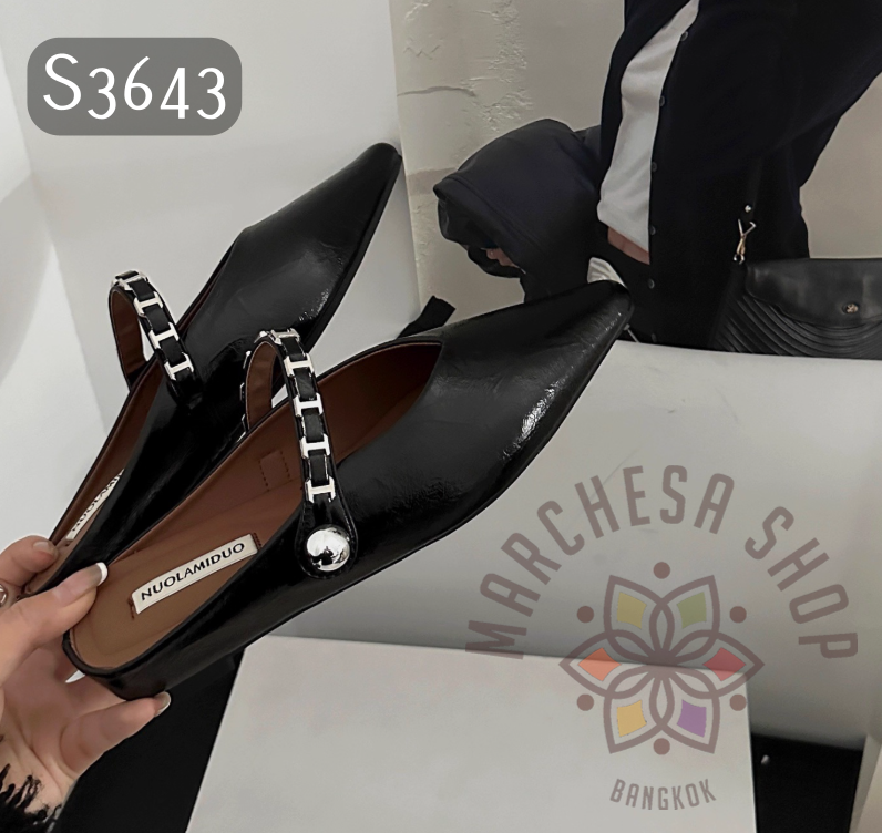 S3643 - 頭層羊皮一字帶尖頭低踭涼拖