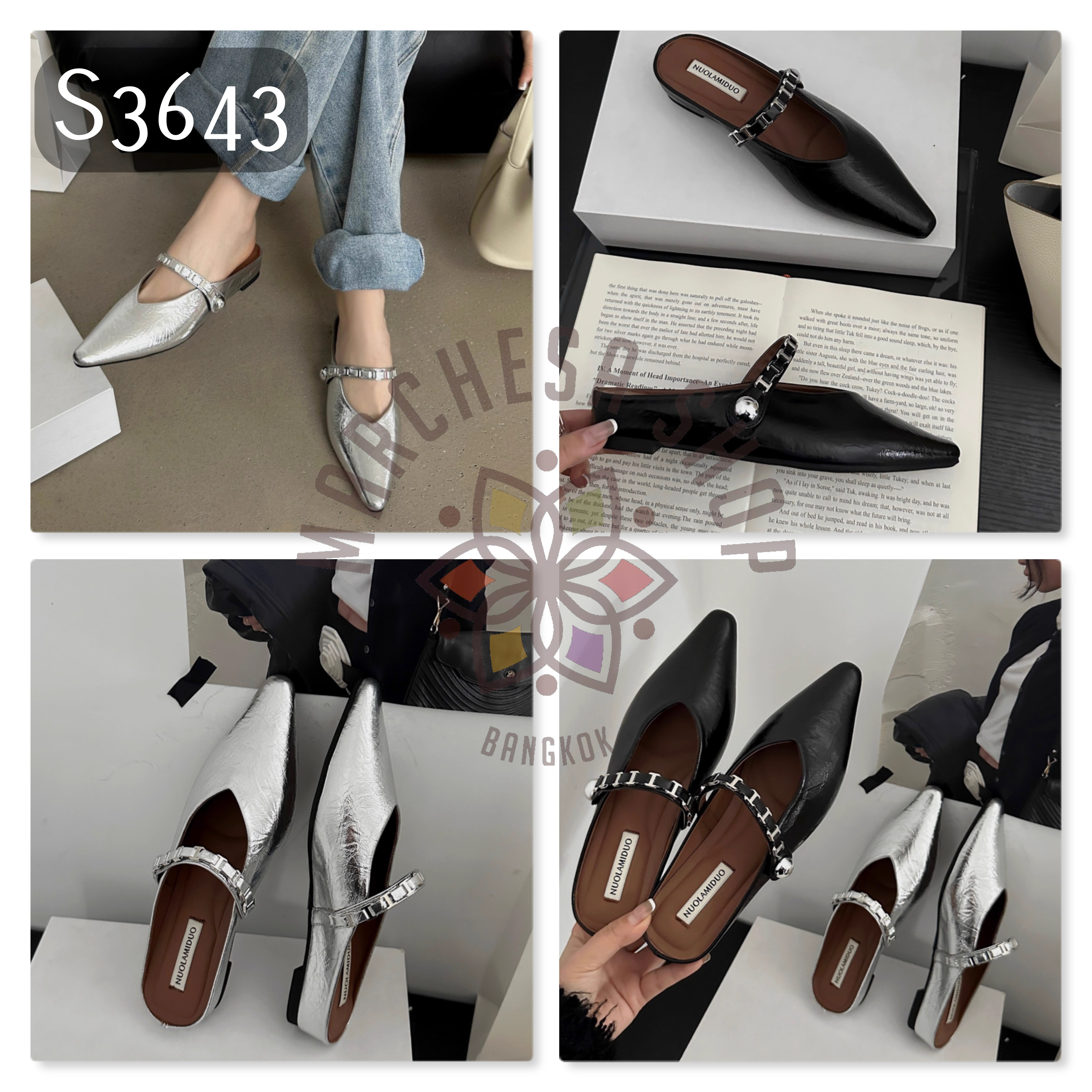 S3643 - 頭層羊皮一字帶尖頭低踭涼拖