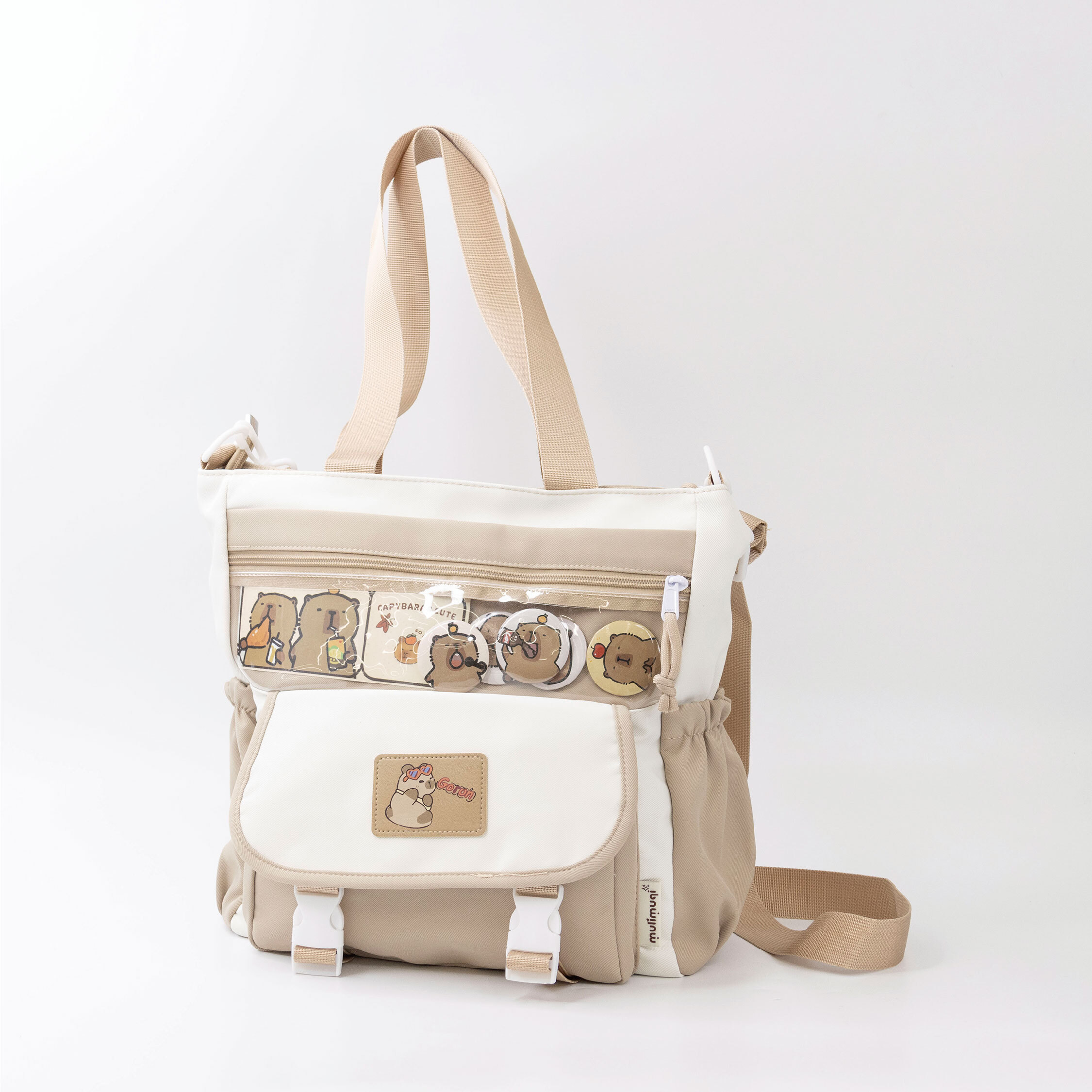 【JA2205】水豚雙色大容量手提/肩背包(附帶水豚徽章)