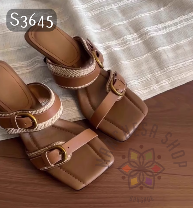 S3645 - 頭層羊皮編織皮帶高踭涼拖