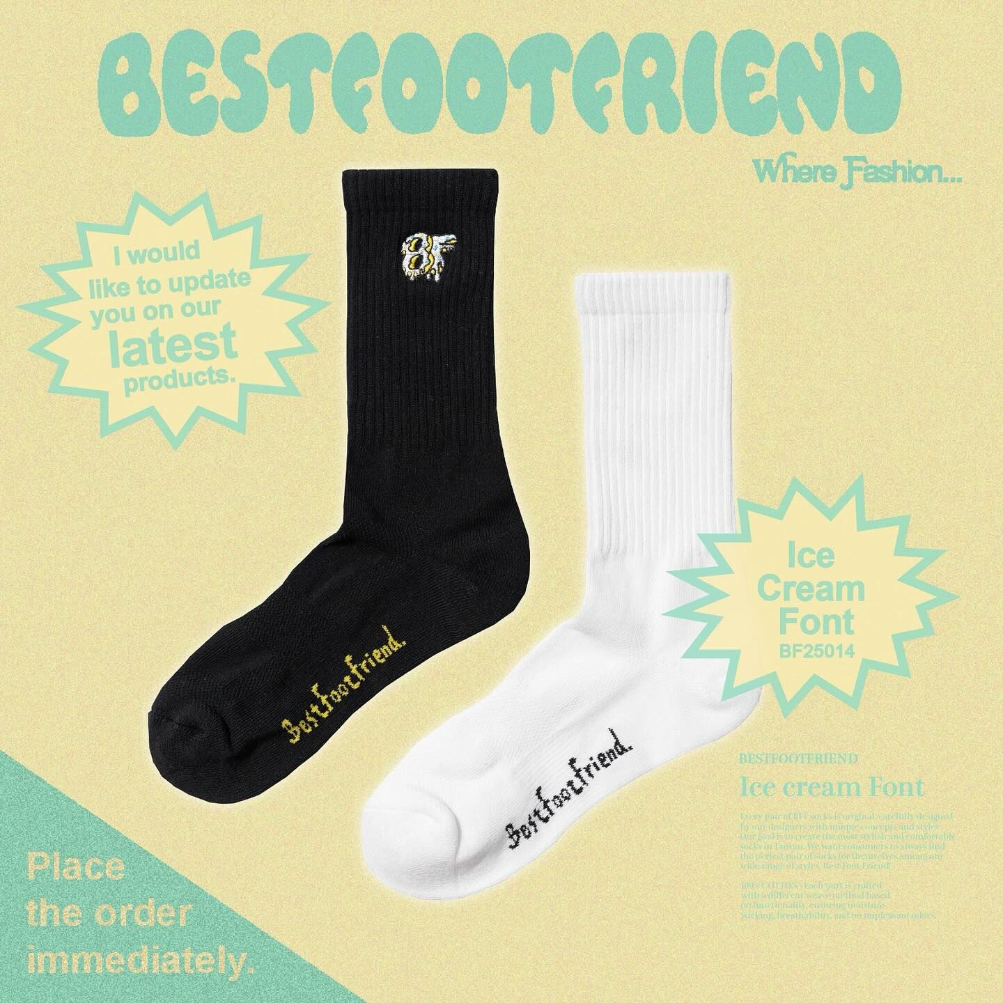 BFF Symptom Socks Ice cream Font 白色 黑色 冰淇淋 刺繡 中筒襪 長襪【BF25014】