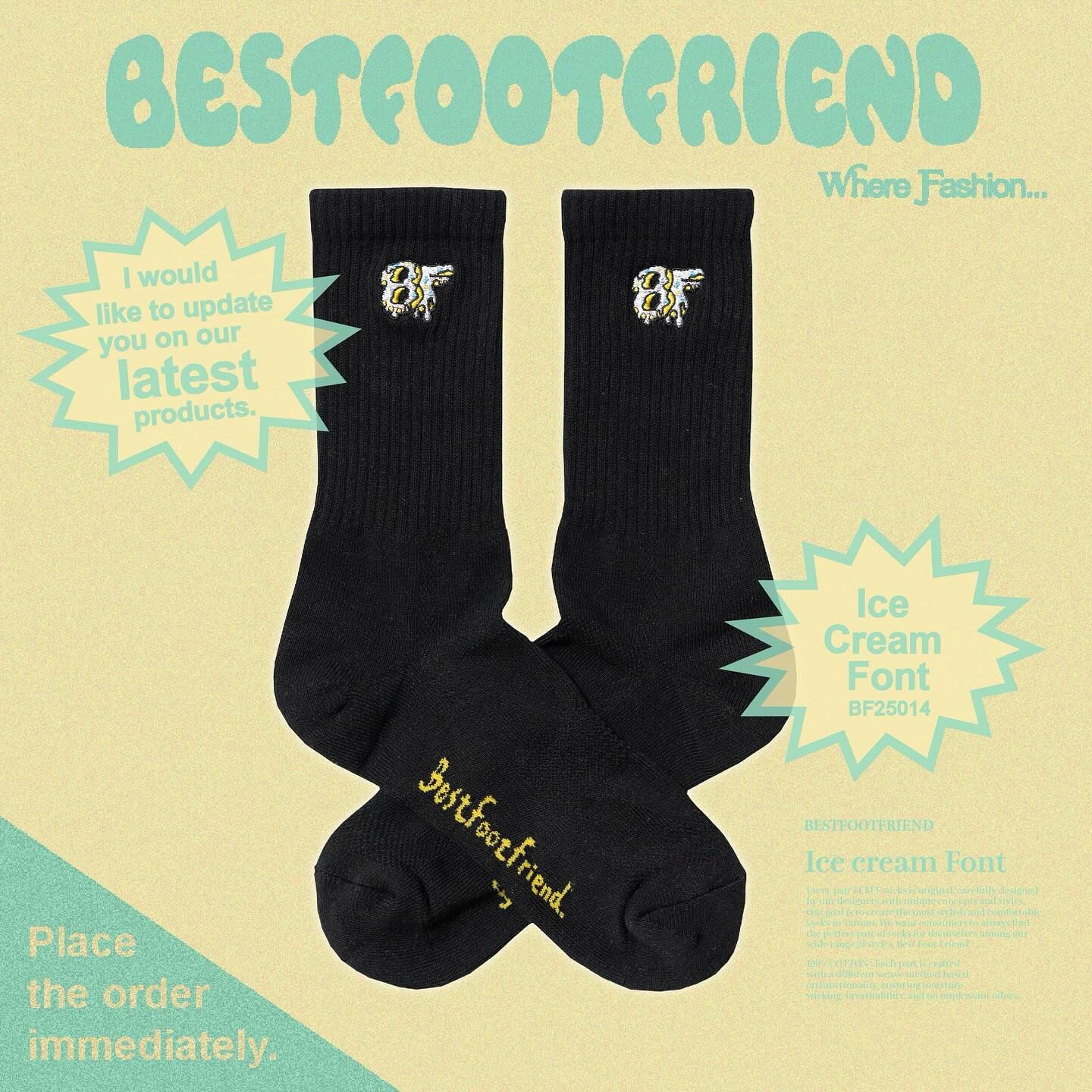 BFF Symptom Socks Ice cream Font 白色 黑色 冰淇淋 刺繡 中筒襪 長襪【BF25014】