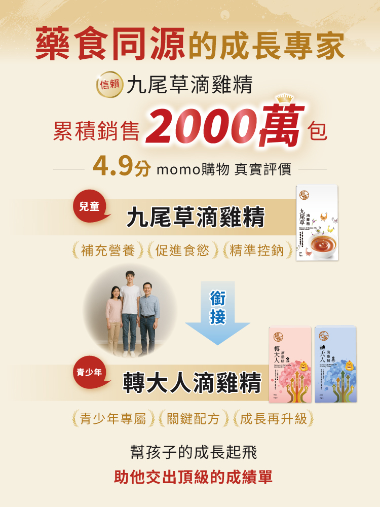 藥食同源的成長專家 過去銷售超過2000萬包九尾草滴精 青春期銜接轉大人滴雞精